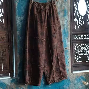 Женские повседневные брюки свободного кроя в стиле ретро с необработанным краем, широкие брюки в этническом стиле с эластичной резинкой на талии OneSize