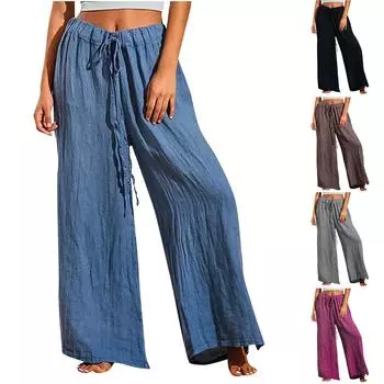 Женские повседневные брюки, свободные мягкие однотонные расклешенные брюки, повседневные прямые брюки с высокой талией и шнурком XXL серый