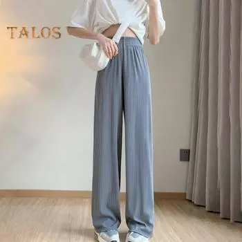 Женские повседневные брюки, уникальный полосатый дизайн, длинные брюки с регулируемым шнурком и эластичной резинкой на талии, однотонные прямые широкие брюки M чёрный