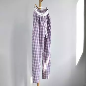 Женские повседневные брюки в клетку с широкими штанинами и завязками на лето 2025 года XL (60-70 kg)