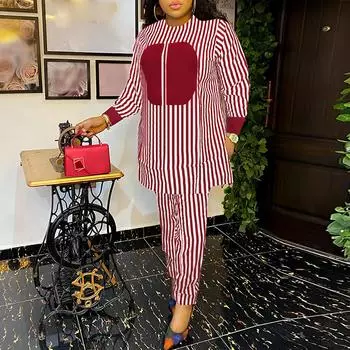 Женские повседневные брюки в полоску с круглым вырезом и длинным рукавом больших размеров 4XL ярко-розовый