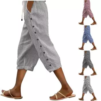 Женские повседневные брюки в полоску с принтом, застежкой сбоку, свободными эластичными резинками на талии, прямые брюки Comfort Pocket Seven L чёрный