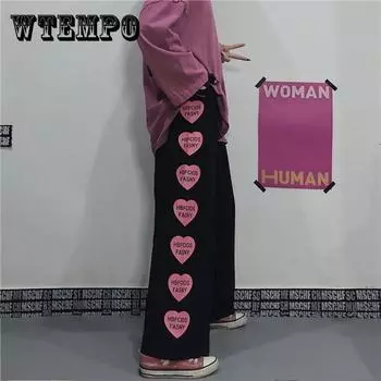 Женские повседневные брюки в стиле ретро Love с принтом, широкие брюки, свободные тонкие брюки для студентов XXL чёрный