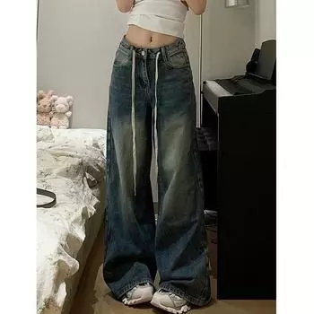 Женские повседневные брюки в стиле ретро с высокой талией на весну и осень, выбеленные джинсы с завязками 4XL