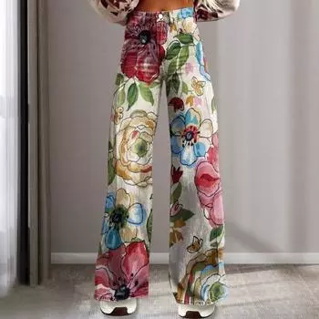 Женские повседневные брюки в стиле ретро со средней посадкой на пуговицах на молнии, широкие длинные брюки с карманами, брюки для отдыха с цифровым цветочным принтом, уличная одежда L