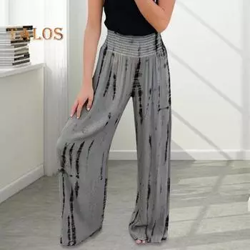 Женские повседневные брюки весна-лето, широкие эластичные длинные брюки с высокой талией и принтом тай-дай, широкие брюки с карманами, уличная одежда L зелёный