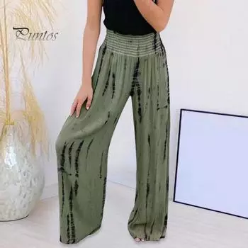 Женские повседневные брюки весна-лето, широкие эластичные длинные брюки с высокой талией и принтом тай-дай, широкие брюки с карманами, уличная одежда L зелёный