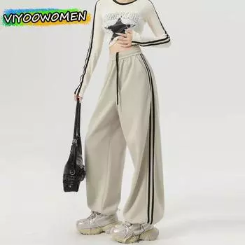 Женские повседневные брюки Y2K в полоску со шнурком, спортивные штаны для бега, широкие спортивные брюки для женщин, уличные брюки S темно серый