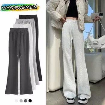 Женские повседневные брюки Y2K Winter Plus Velvet, спортивные штаны с высокой талией, расклешенные брюки для женщин, корейская одежда L