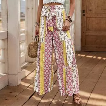 Женские повседневные брюки Yousheng, эластичные, с высокой талией, на шнуровке, пляжные брюки с принтом в этническом стиле, широкие, свободные брюки S чёрный