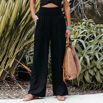 Женские повседневные брюки Yousheng, плиссированные, эластичные, с высокой талией, прямые, широкие, длинные брюки с карманами, однотонные брюки в стиле бохо L хаки
