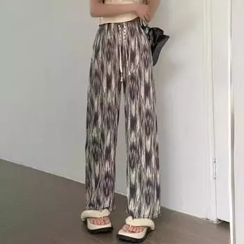 Женские повседневные брюки Yousheng, прямые, широкие, с принтом тай-дай, длинные брюки с эластичной талией, регулируемые, со шнурком, тонкие походные брюки серый