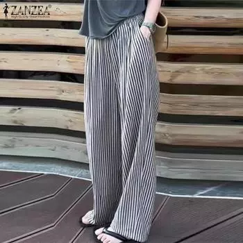 Женские повседневные брюки ZANZEA с эластичной резинкой на талии, свободные, в полоску M чёрный