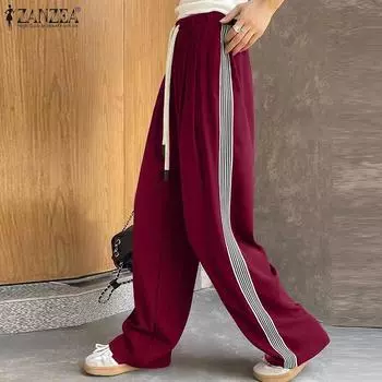 Женские повседневные брюки ZANZEA с эластичной талией, свободные, в стиле пэчворк, длинные S бежевый