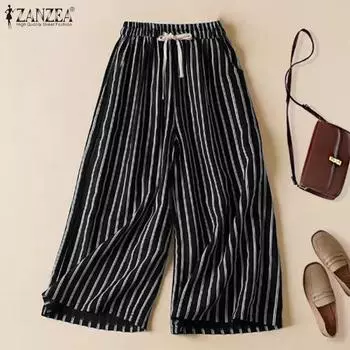 Женские повседневные брюки ZANZEA средней талии в полоску, свободные, прямые S белый
