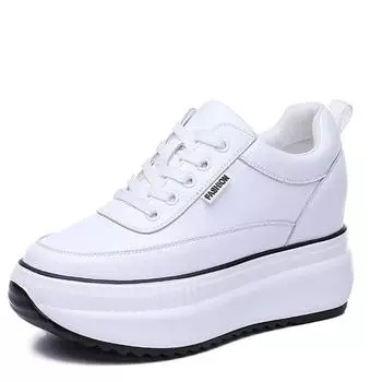 Женские повседневные черные туфли из натуральной кожи на платформе с танкеткой, женские 8 см, модные кроссовки на толстой подошве, весна-осень 34 белый