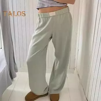 Женские повседневные длинные брюки с эластичной резинкой на талии и средней посадкой, однотонные свободные брюки с широкими штанинами и карманами, уличная одежда S небесно-голубой