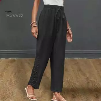 Женские повседневные длинные брюки с эластичной резинкой на талии и карманами, прямые широкие брюки с вышивкой и кружевной строчкой, однотонные повседневные брюки S зелёный