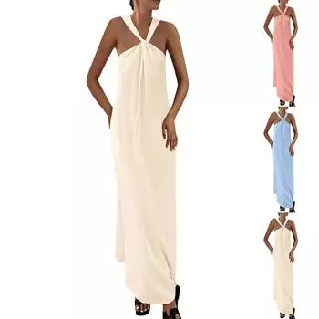 Женские повседневные длинные летние платья без рукавов на бретельках, свободные струящиеся пляжные макси-платья с карманами L чёрный