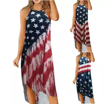 Женские повседневные длинные платья без рукавов с разрезом на День независимости и принтом XXL синий