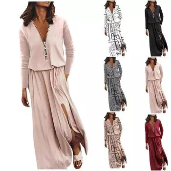 Женские повседневные длинные платья с длинными рукавами и молнией на талии, однотонные платья для матери с принтом L чёрный