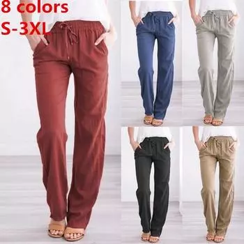 Женские повседневные длинные прямые брюки из хлопка и льна с эластичной резинкой на талии, спортивные брюки Pantalones De Mujer 3XL белый