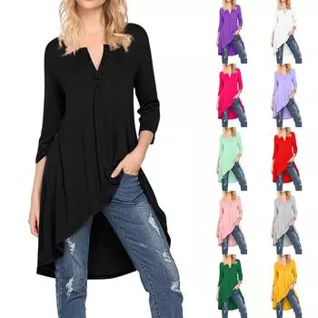 Женские повседневные длинные туники с рукавами 3/4 и V-образным вырезом, высокие и низкие свободные топы, футболки L красный