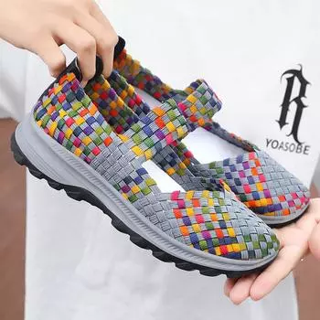 Женские повседневные дышащие прогулочные туфли без шнуровки на плоской подошве. Легкие вязаные лоферы. Удобные плетеные туфли на плоской подошве. Женские модельные туфли с круглым носком. 39