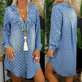 Женские повседневные джинсовые длинные вечерние платья с отложным вырезом, свободное платье с длинными рукавами XL синий