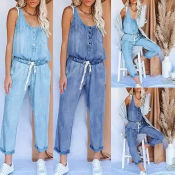 Женские повседневные джинсовые джинсы с открытыми плечами и карманами без рукавов Комбинезоны Комбинезоны