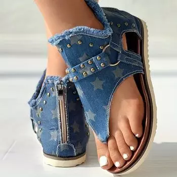 Женские повседневные джинсовые сандалии, нескользящие ремешки с молнией сзади и открытым носком, универсальная обувь в римском стиле 36 чёрный