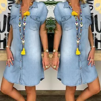 Женские повседневные джинсовые вечерние платья с отложным воротником, свободное платье без рукавов L синий