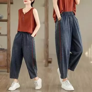 Женские повседневные джинсы-бойфренды, поступление, винтажный стиль, уличная одежда, базовые свободные брюки-шаровары с высокой талией для женщин из денима XXL синий