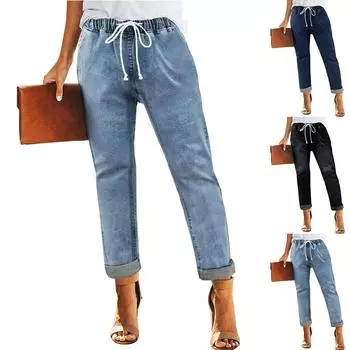 Женские повседневные джинсы из денима, эластичные джинсы с эластичной резинкой на талии, джинсовые брюки-джоггеры со шнурком L чёрный