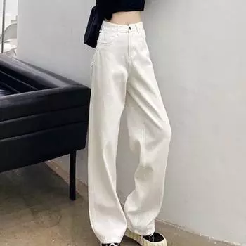 Женские повседневные джинсы с высокой талией, прямые широкие брюки, длинные брюки с карманами, однотонные джинсовые брюки большого размера, уличная одежда M чёрный