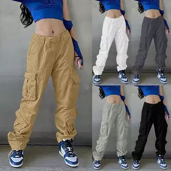 Женские повседневные джинсы, женские повседневные брюки на пуговицах в уличном стиле, повседневные джинсы-карго с вышивкой в стиле ретро и поясом с несколькими карманами M хаки