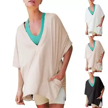 Женские повседневные футболки большого размера с V-образным вырезом, топы, двусторонние спортивные футболки с круглым вырезом, модные трендовые футболки S чёрный