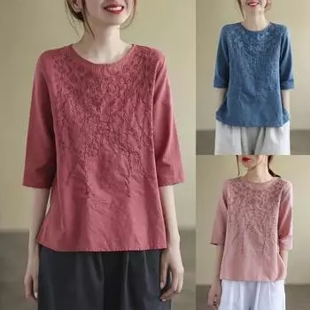 Женские повседневные футболки из хлопка и льна, летние свободные женские топы с цветочной вышивкой в винтажном стиле, футболки с короткими рукавами