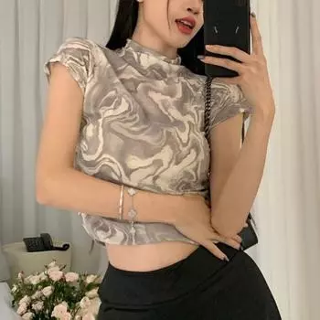 Женские повседневные футболки с короткими рукавами, тонкие винтажные футболки со складками, уличная одежда, укороченный топ Y2k, женская элегантная весенне-летняя одежда S темно серый