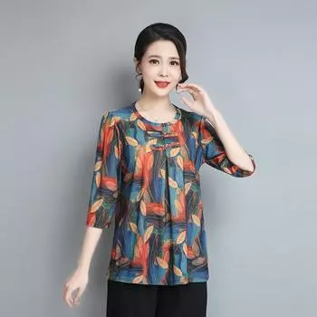 Женские повседневные футболки с круглым вырезом, топы с пуговицами, короткий рукав, блузка с принтом, свободный летний топ, многоцветный L синий