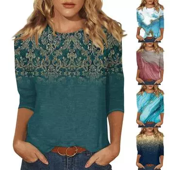 Женские повседневные футболки с рукавом 3/4, топы с круглым вырезом L синий