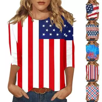 Женские повседневные футболки с рукавом 3/4, топы с круглым вырезом L синий