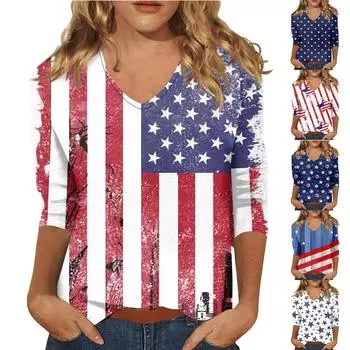 Женские повседневные футболки с рукавом 3/4, топы с v-образным вырезом ко Дню независимости L синий