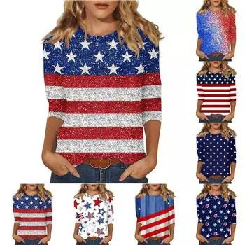 Женские повседневные футболки с рукавом 3/4, топы с круглым вырезом L синий