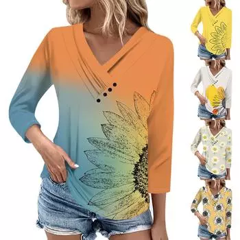 Женские повседневные футболки с рукавом 3/4 для выходных с V-образным вырезом и принтом, свободные плиссированные футболки, женская блузка L оранжевый