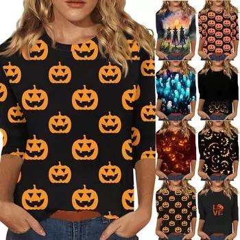 Женские повседневные футболки с рукавом 3/4 и топы с круглым вырезом L чёрный