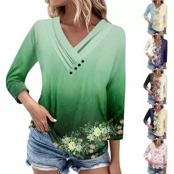 Женские повседневные футболки с рукавом 3/4 для выходных с V-образным вырезом и принтом, свободные плиссированные футболки, женская блузка L фиолетовый