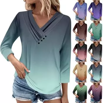 Женские повседневные футболки с рукавом 3/4 для выходных с V-образным вырезом и принтом, свободные плиссированные футболки, женская блузка XL