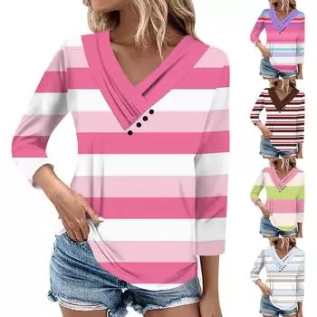 Женские повседневные футболки с рукавом 3/4 для выходных с V-образным вырезом и принтом, свободные плиссированные футболки, женская блузка M розовый