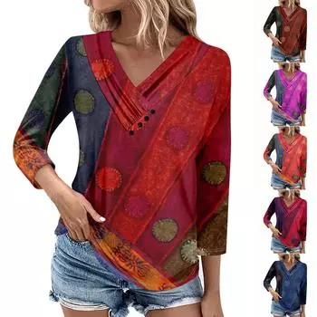 Женские повседневные футболки с рукавом 3/4 для выходных с V-образным вырезом и принтом, свободные плиссированные футболки, женская блузка L темно-синий